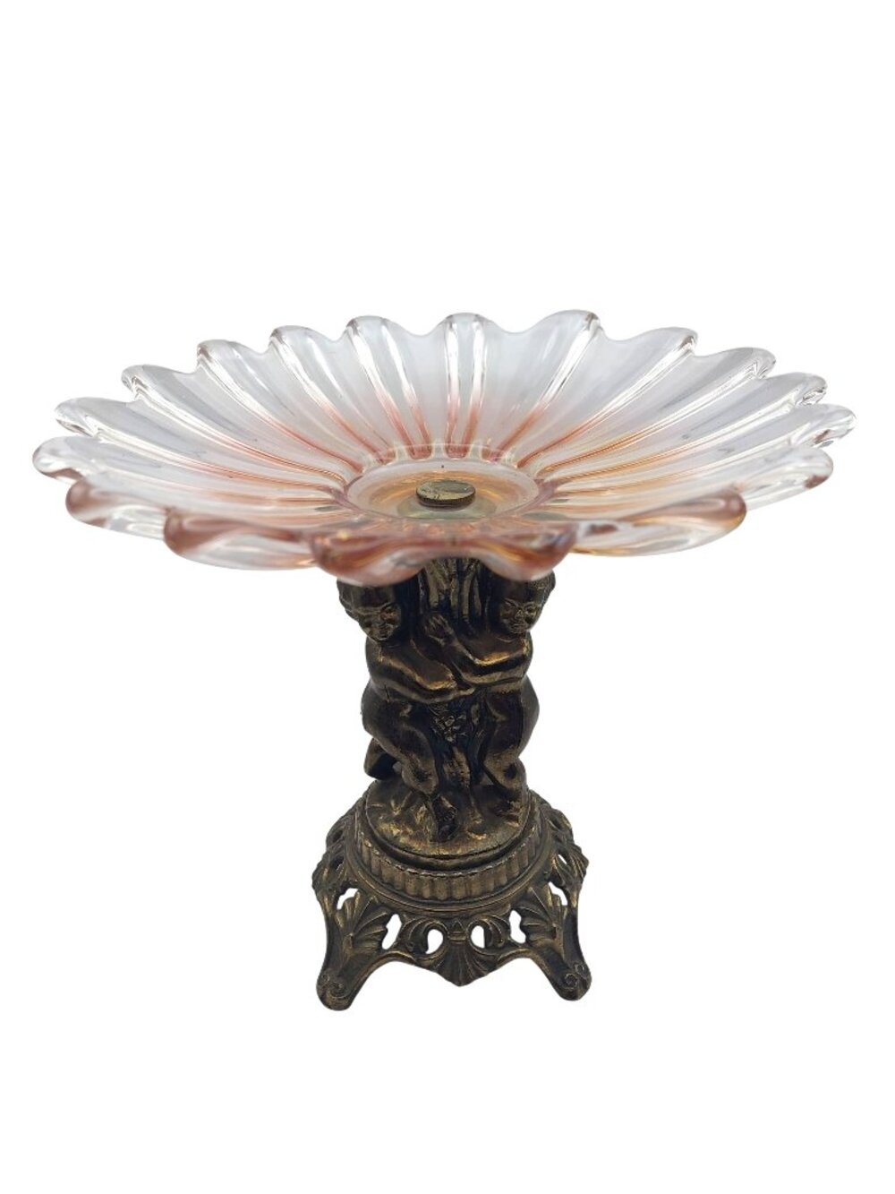 Bronze Cherub Glass Pedestal Compote Scalloped Pink Dish Vtg Hollywood Regency